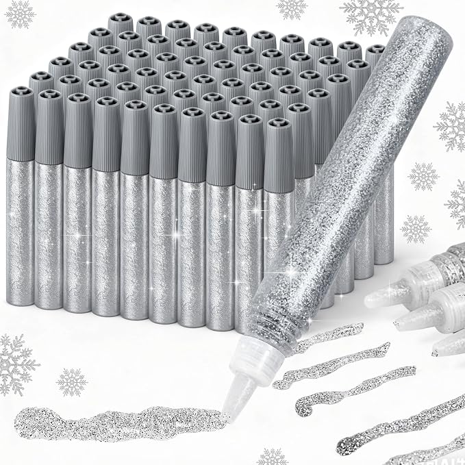 Cholemy 60 Pcs Glitter Glue Pens Glitter Glue Stick Set for Crafts Washable Markers Painting Pens for DIY Arts Projects Scrapbooking Holiday Greeting Card Decorating Supplies(Sliver)