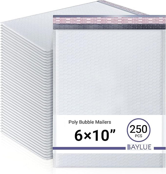 White Small Poly Bubble Mailers 6x10 inch #0 | Self Seal Padded Envelopes | Cushioned Bubble Mailer | Usable Size 6x9 | WaterProof | Lightweight mailing Shipping Bags | 250 Pack Bulk