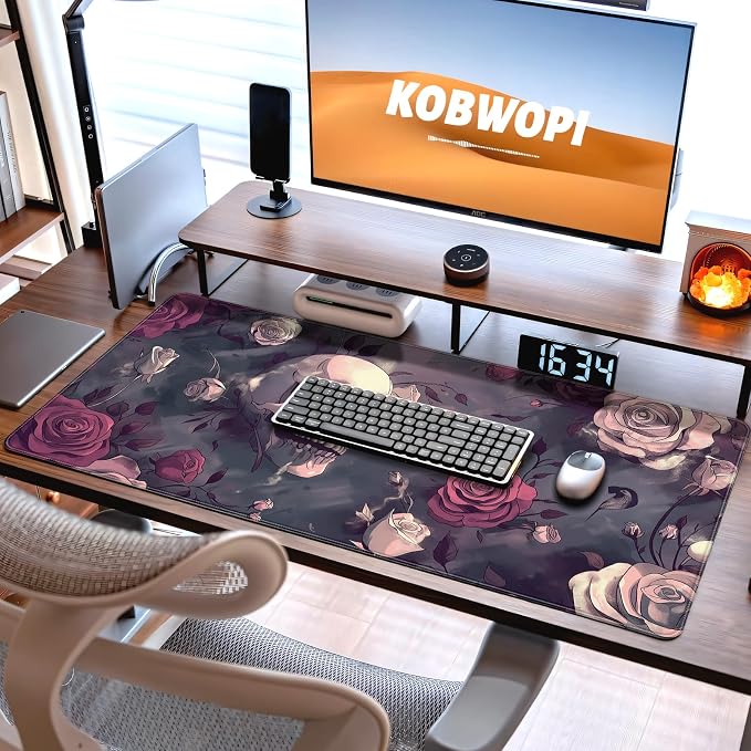 35.4 x 15.7 in, XXL Large Mouse Pad for Desk, Extended Keyboard Mouse Mat for Computer Office, Big Mouse pad with Stitched Edges, Gaming Pc-Skull red Pink Rose Butterfly