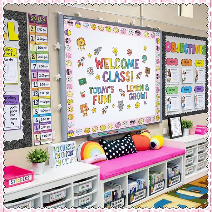 Gilprop 100 ft Back to School Bulletin Board Borders Composition Smile | Happy Face Classroom Decoration, Scalloped Trim, Preschool Kindergarten Office Teacher Suppy, Party Wall Decor