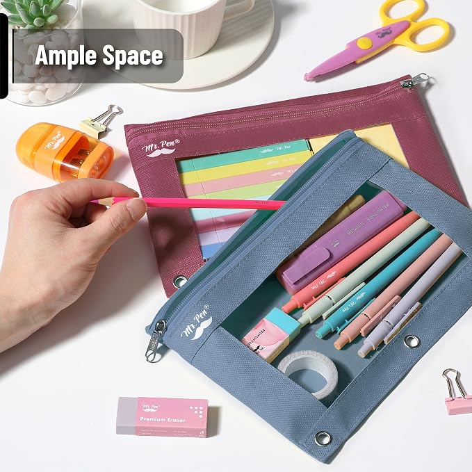 Mr. Pen- Pencil Pouch for 3 Ring Binder, 2 Pack, 10"x6.75", Smooth Zipper | Clear Window, Large Capacity Pencil Case with 3 Reinforced Grommets for School, Office, Supplies Storage | Clear Window, Large Capacity Pencil Case with 3 Reinforced Grommets f...