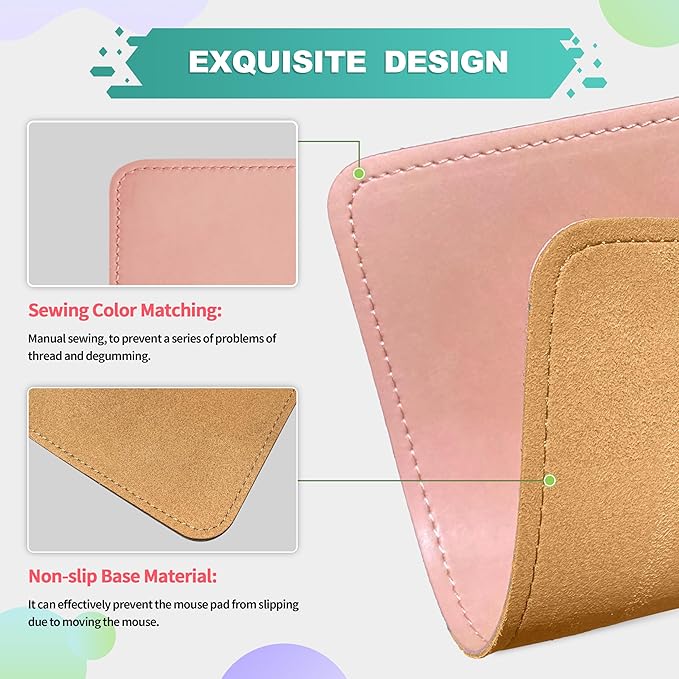 PU Leather Mouse Pad with Stitched Edge Micro-Fiber Base - Non-Slip Waterproof, 8x11Inch (Light Pink)
