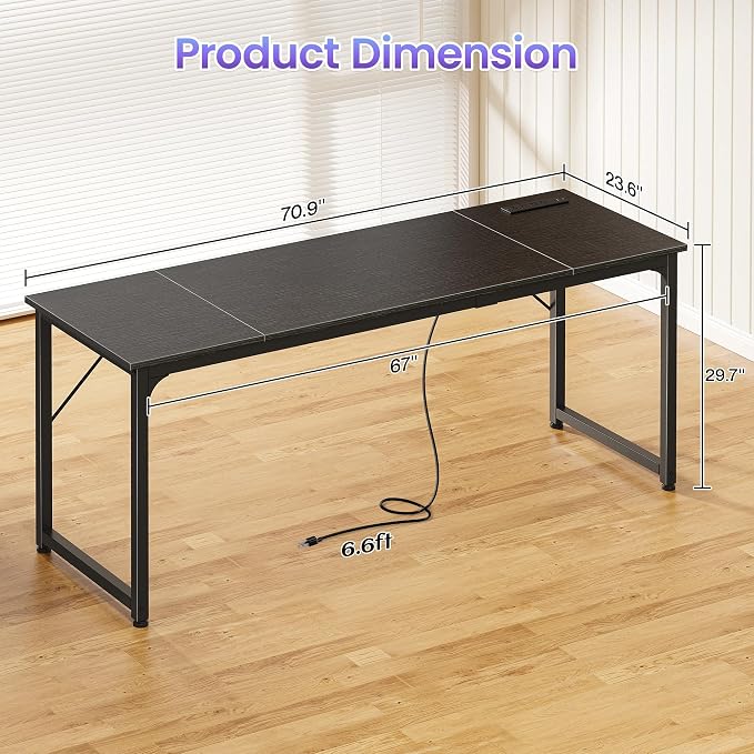 70 X 24 Inch Computer Desk, Power Outlets, USB-C, Black | Office Desk with 4 AC Outlets, USB & USB-C, Sturdy Metal Frame, Spacious Desktop for Work, Writing, Study & Gaming