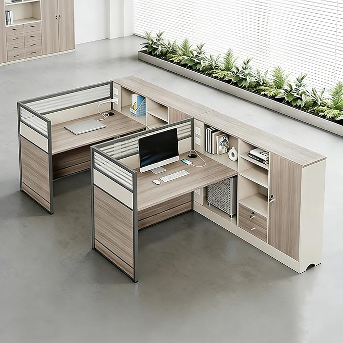 Modern Office Workstation Desk with Side Storage Cabinet, Tempered Glass Privacy Panels, USB Charging Hub & Cable Management, Modular Cubicle Desk for Office Work (A - Right, 2P-A)
