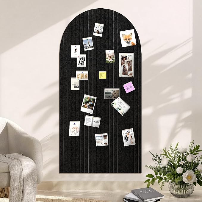 Large Arched Felt Bulletin Board, 48"x24", Black | Cork Board Alternative, 3 Foldable Adhesive Tiles, 50 Push Pins, Office Wall Decor, Pin Boards for Pictures & Photos Display