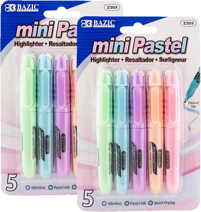 BAZIC PRODUCTS Mini Highlighter – Pastel Color Assorted Chisel Tip Highlighter Set, Desk Style Highlighter Pen for Office, School, and Study Use, Smooth Marking, (5/Pack), 2-Packs