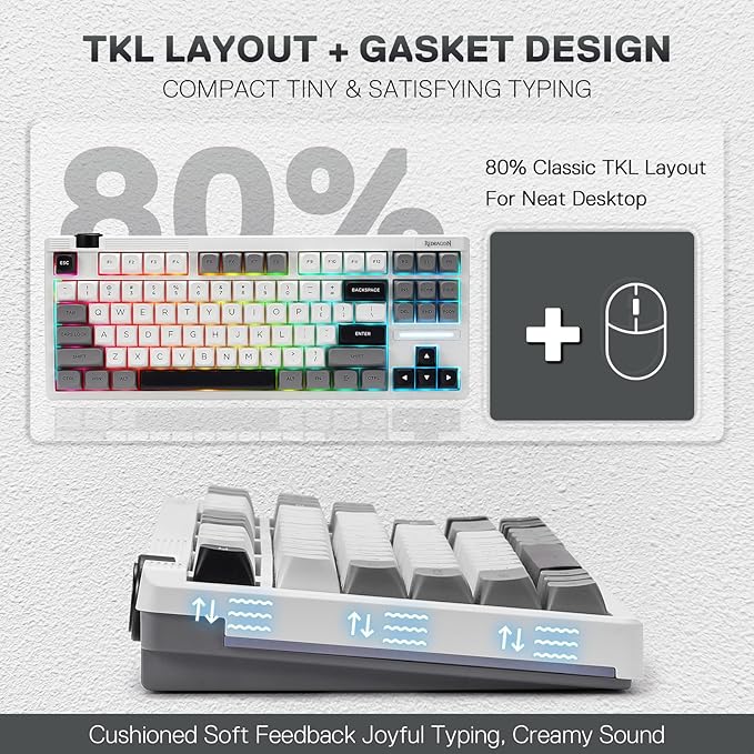Redragon K729 PRO 80% Wireless Gasket RGB Gaming Keyboard, 3-Mode TKL Mechanical Keyboard w/Knob Control, Mix-Color PBT Keycaps, Hot-Swap South-Facing Socket & 5-Layer Dampener, Custom Silent Switch