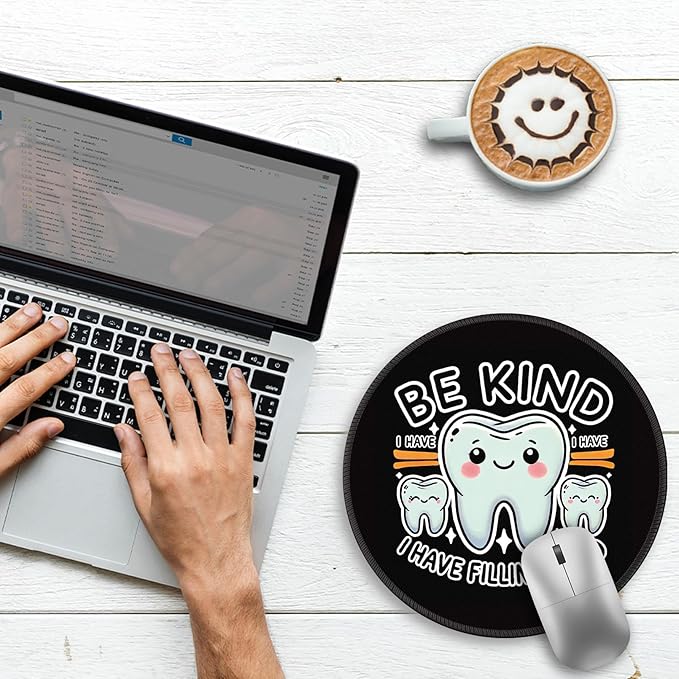 Gctriki Dental Tooth Round Mouse Pad with Stitched Edge Non-Slip Rubber Base, Black Mouse Pad for Gaming Laptop Computer, Cute Home Office Desk Accessories Decor, Be Kind I Have Fillings Too