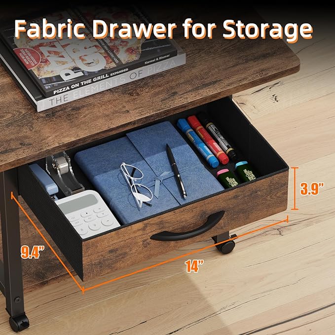 YAOHUOO 22"x15" Large Printer Stand with Drawer, 2-Tier Rolling Table Cart | Under Desk Printer Table,Storage Fabric Drawer,Fit printer/fax/3d/scanner,4 Lock Wheels or Feet,For Home Office Dorms,Brown