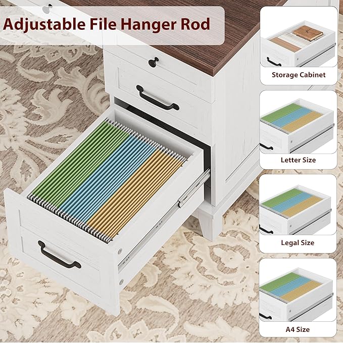 Garvee 53.5" Wooden Home Office Desk with File Drawers, Executive Desk with Power Outlet, Farmhouse Wood Desk with Storage, Distressed Study and Work Table, Rustic White