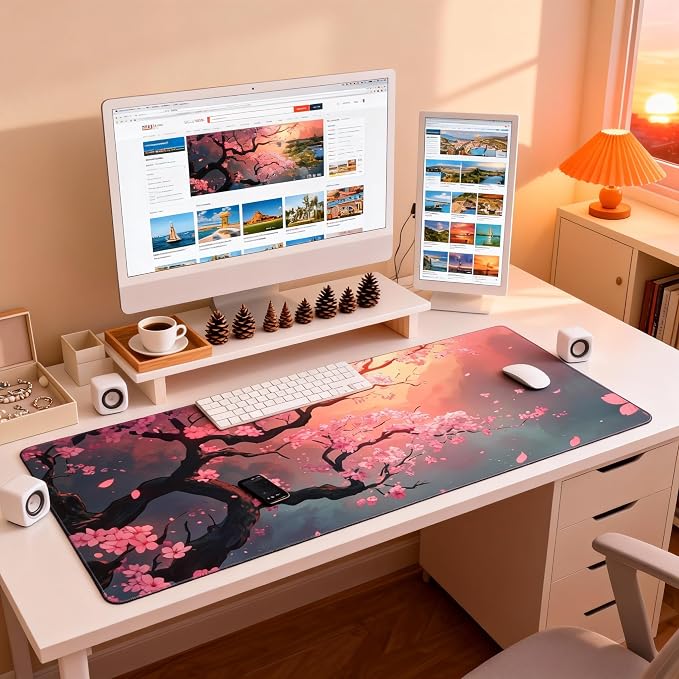 Cute Floral Aesthetic Cherry Gaming Mouse Pad, Pink Japanese Desk Mat with Anti-Slip Base & Stitched Edges,35.4" x 15.7" in Table Mat for Computer Desktop, Beautiful Workstation Decor