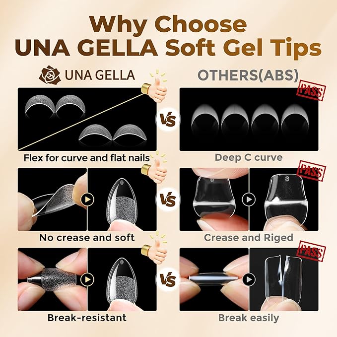 UNA GELLA Short Almond Nail Tips: 504PCS Short Fake Nails Soft Press On Gel Nail Tips Pre Shaped Almond Shape Home Nail Extension Full Cover, 12 Sizes Acrylic Gelly Tips