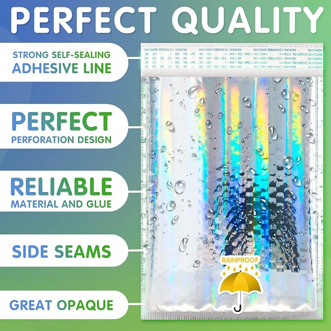 Glamour Metallic Bubble Mailers 10,5 x 11 Inches Hologram, 250 Pack Padded Envelopes for Shipping, Mailing, Packaging Protection