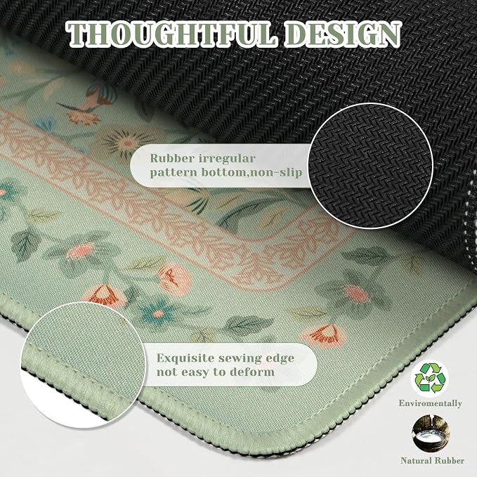 iCasso Aesthetic Flower Mouse Pad,23.6x13.7in Desk Pad, Light Green | Desk Matt for Desktop, Anti-Slip Mousepad with Stitched Edges for Laptop Computer Keyboard