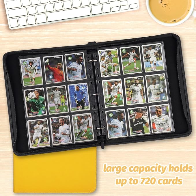 GERMUN 3 Ring 9 Pocket Zipper Card Binder, 720 Double Sided Standard PU Trading Card Album Folder for TCG & Sports Cards, Not Fit Top Loaders (YELLOW)