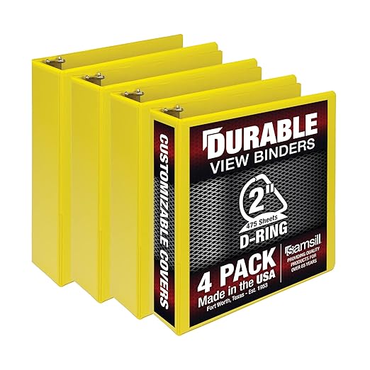 Samsill Durable 2 inch 3 Ring Binder, D Ring Binder, 100% Recycled Chipboard, Yellow, 4 Pack