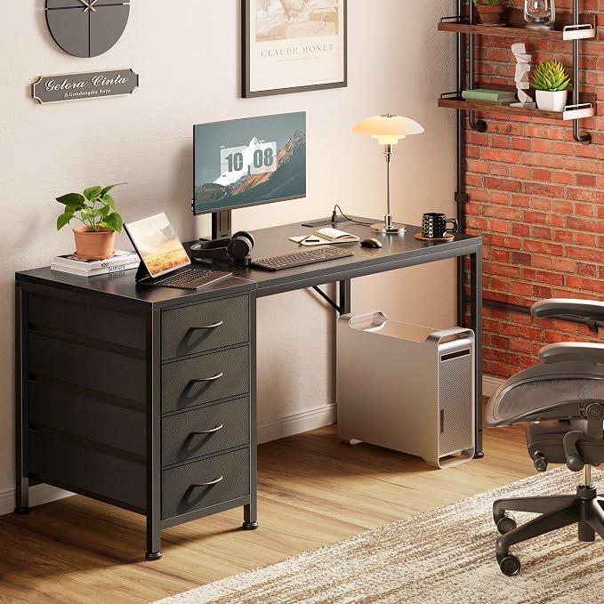47.2Inch Computer Office Desk with Power Outelts and USB-C Port, Reversible Gaming Desk with 4 Fabric Drawers, Work Study Desk Work from Home, Black