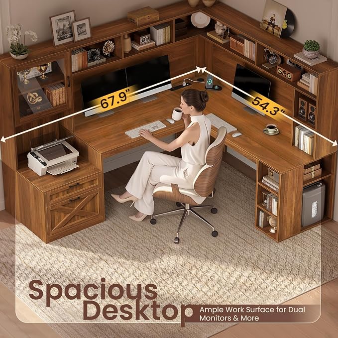 SEDETA Farmhouse L Shaped Office Desk with Double Hutch, Storage Shelves | Computer Desk with Storage Shelves and Power Outlet, Corner Gaming Desk with LED Light and Display Cabinet for Home Office