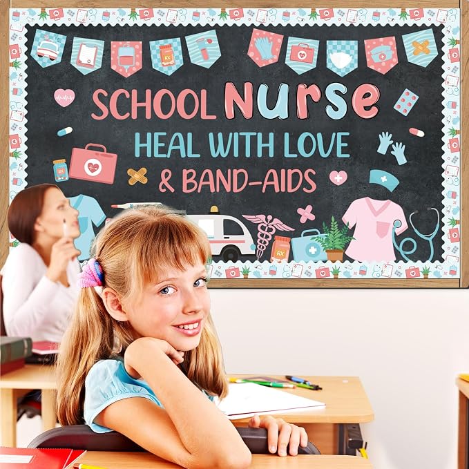 Wxiben School Nurse Classroom Decorations - Healthcare Workers Nurses Bulletin Board Decorations, Health Medical Cutouts Sets for Students, Back to Nursing School Office Hospital Chalkboard Wall Décor