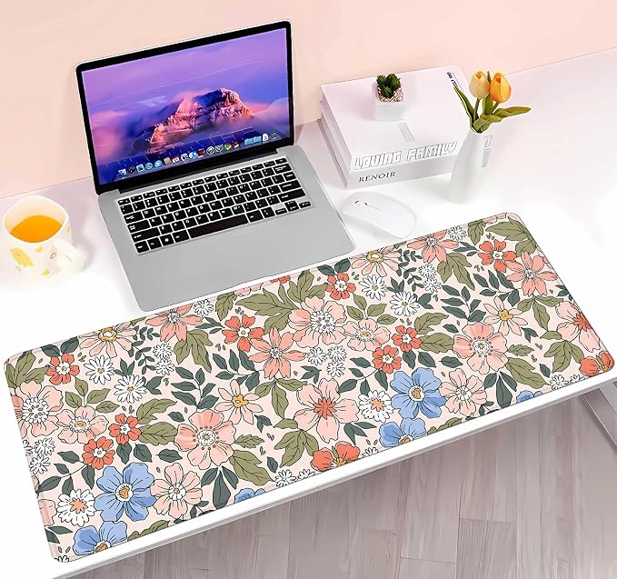 Pink Blue Floral Desk Mat Cute, XL Green Leaf Flowers Extended Mousepad, Non-Slip Rubber Base Stitched Edge Large Mouse Pad Desk Pad for Women Gamer Office,Computer Accessories,31.5 X 11.8 in