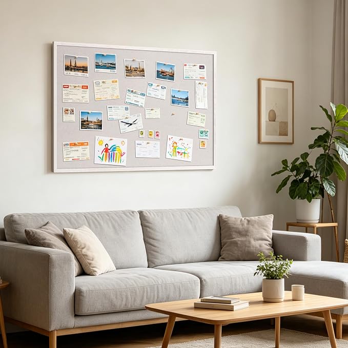 SELEAD Double-Sided Linen and Cork Bulletin Board (36”x24”, Oatmeal White) | 2-in-1 Fabric Linen & Cork Pin Board, White Wood Frame Wall Decor Photo Display Vision Board for Home Family, Office, Kitchen