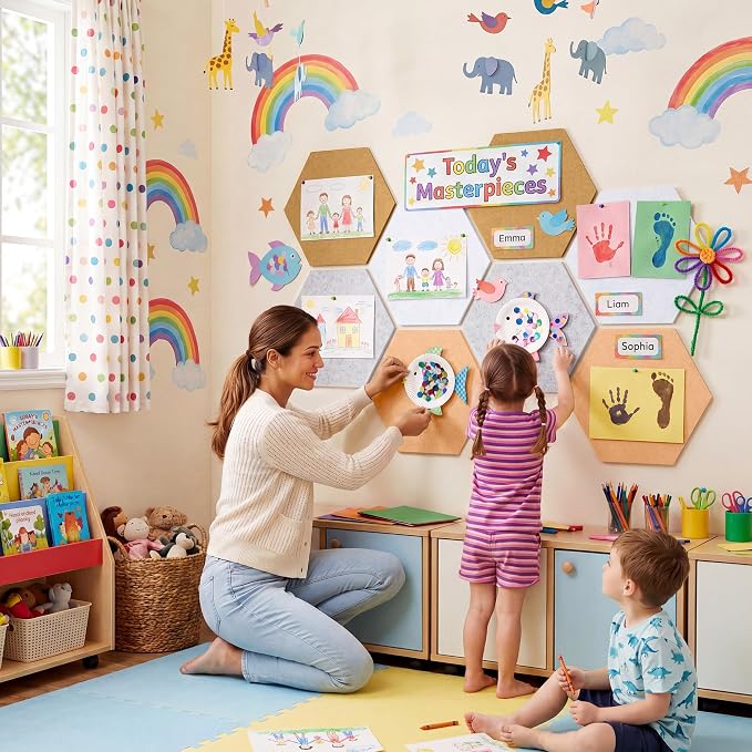 8-Pack Hexagon Felt Bulletin Board Tiles, Cork Board Alternative | For students and teachers creating vision boards in homes, offices, dorms or classrooms; includes 30 push pins.