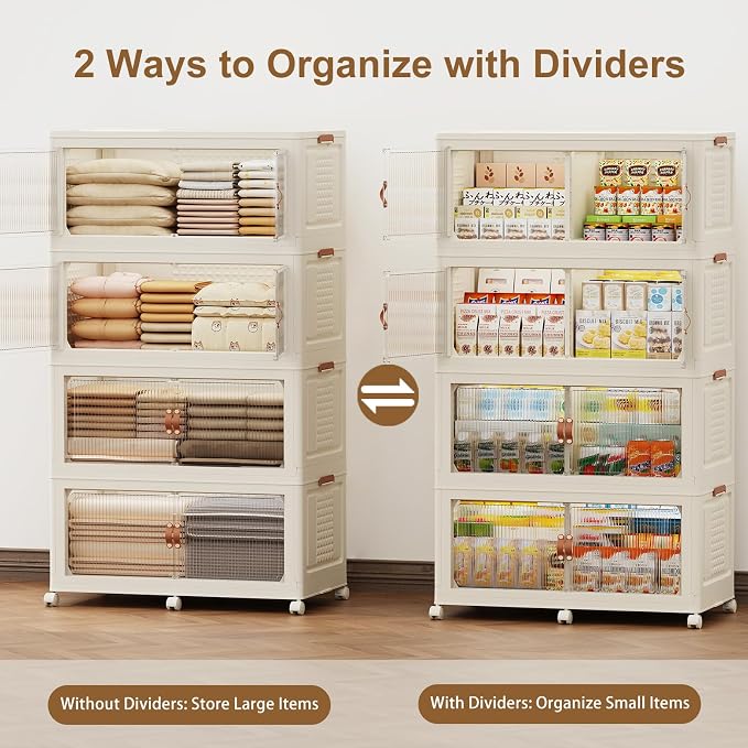 SAILUN 760Qt Stackable Storage Bins,Storage Cabinet with a Lid,4 Pack Cream | Stackable Storage Drawers with Lids,33.5" W x 19" D x 69" H,Featuring open-front Access for Clothes and Closet Storage