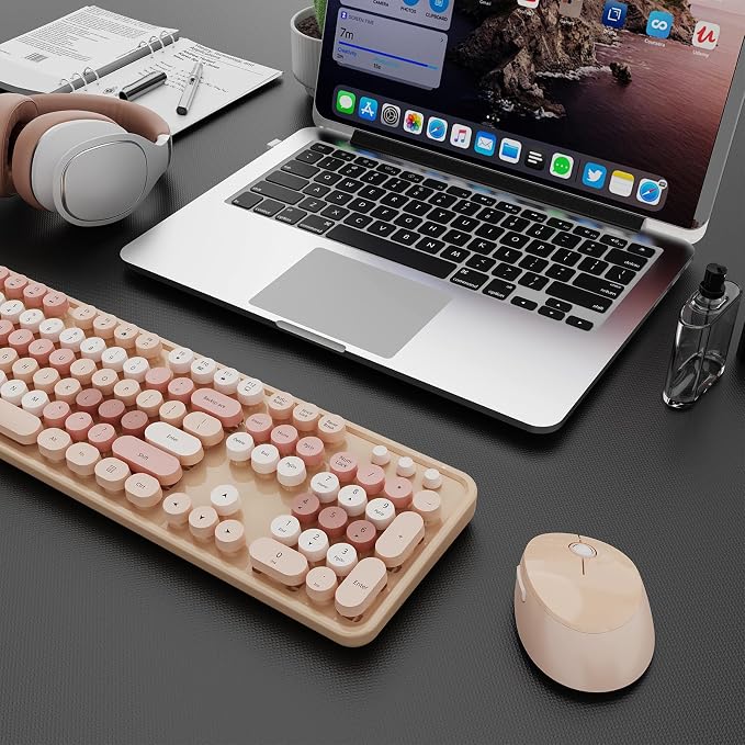 Wireless Keyboard and Mouse Combo, Ergonomic Full Size Typewriter Retro Round Keycaps Keyboard, Compatible with Windows, PC, Perfer for Home and Office Keyboards (Chocolate Color)