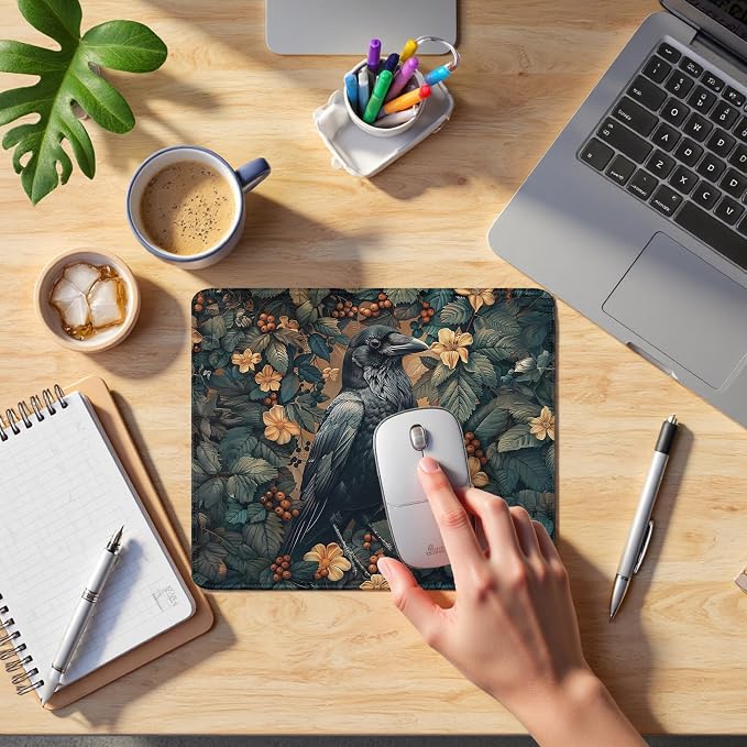 Vintage Moody Raven Mouse Pad, Dark Contemporary Botanical Crow Bird Mouse Pads Mousepad for Desk Home Office Dorm Computers Laptop, Gothic Nature Office Supplies Desk Accessories, 9.5x7.9 Inch