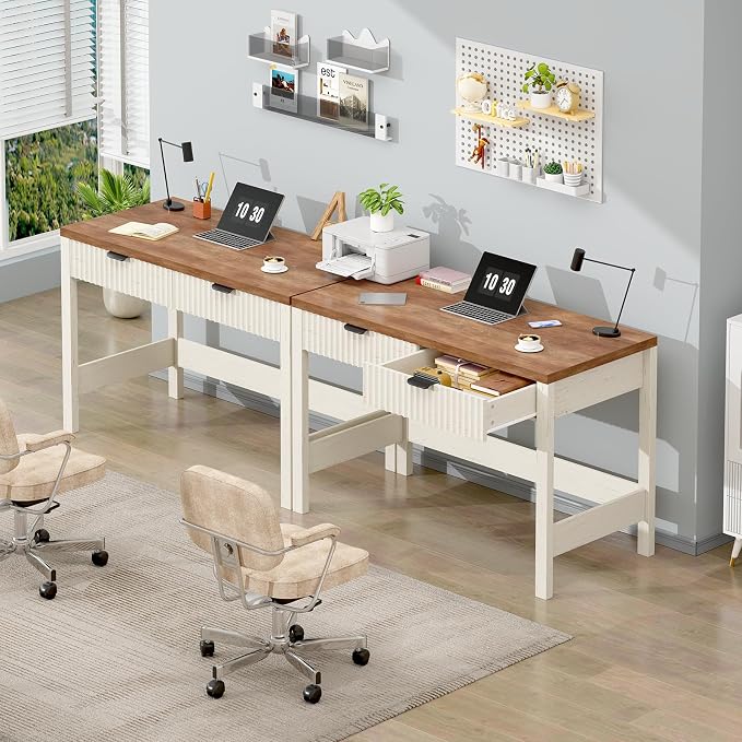 39 Inch Small Fluted Computer Desk with 2 Drawers for Bedroom, Home Office | Small Computer Desk with Storage, Compact Writing Study Desk for Small Spaces, Brown & White