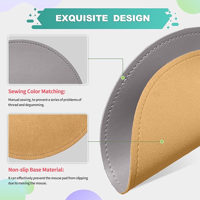 Mouse Pad，Round Mouse Pad，PU Mouse Pad，Leather Mouse Pad with Stitched Edge Micro-Fiber Base with Non-Slip Waterproof，Mouse Pad for Computers，Laptop，9 x 9 Inch (Silver Gray)