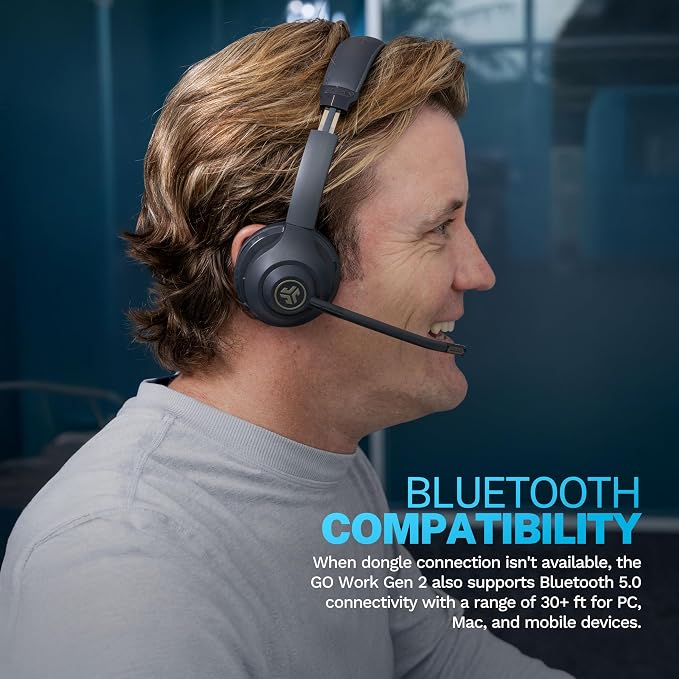 JLab, Go Work Gen 2, Wireless Headset, Bluetooth, USB Dongle, Boom Mic, Multipoint, Over Ear Headphones, Black