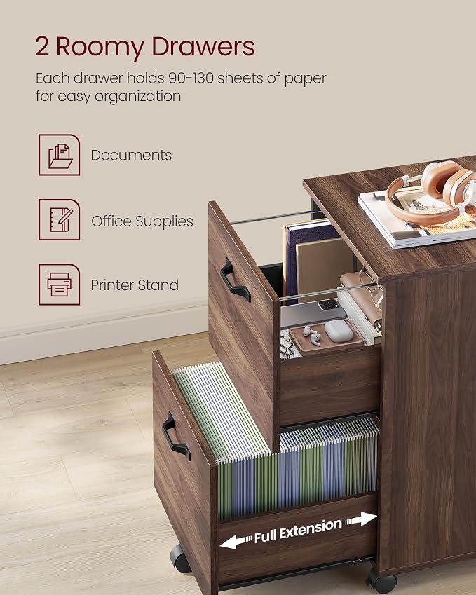 VASAGLE Custos Collection - 2-Drawer File Cabinet for Home Office, Small Rolling File Cabinet, Printer Stand, for A4, Letter-Size Files, Hanging File Folders, Natural Walnut UOFC040K101S