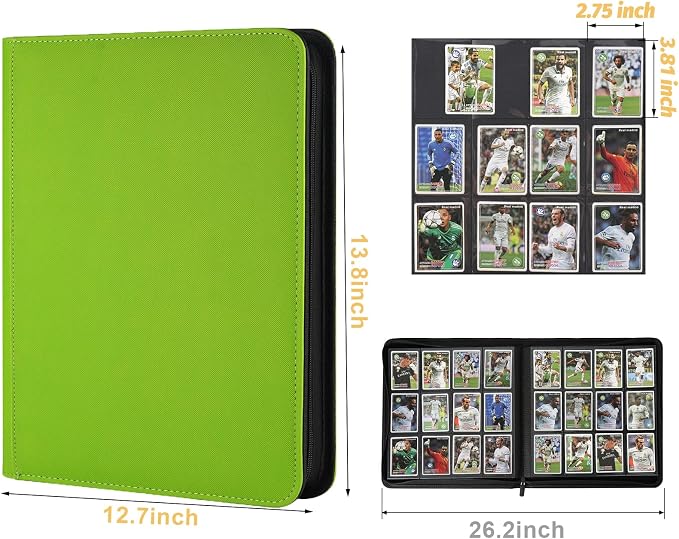 12 Pocket Ringless Side Loading Trading Card Binder, 720 Cards PU Fixed Page Zipper Card Album for TCG Sports Game Cards, Not Fit Top Loaders (Grass Green)