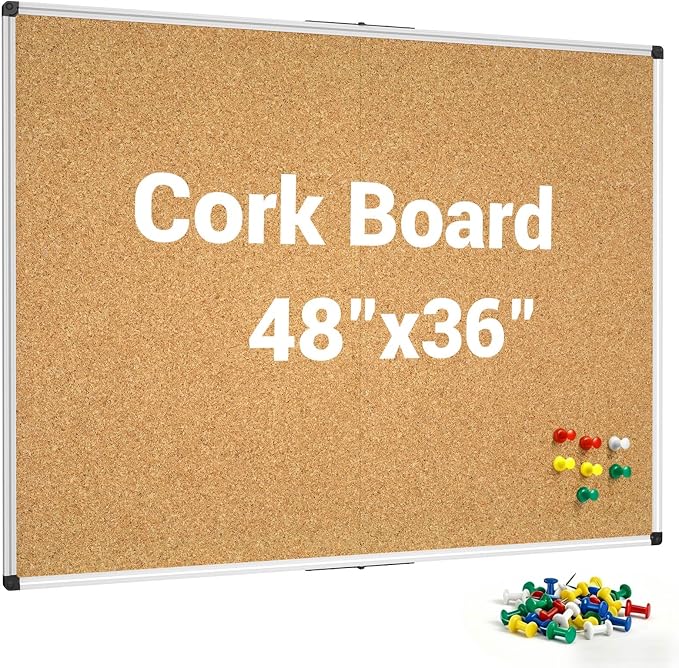 Cork Board 48 X 36, Foldable Bulletin Board with Silver Aluminium Frame,Large Cork Boards for Walls, Cork Bulletin Board for School, Home & Office