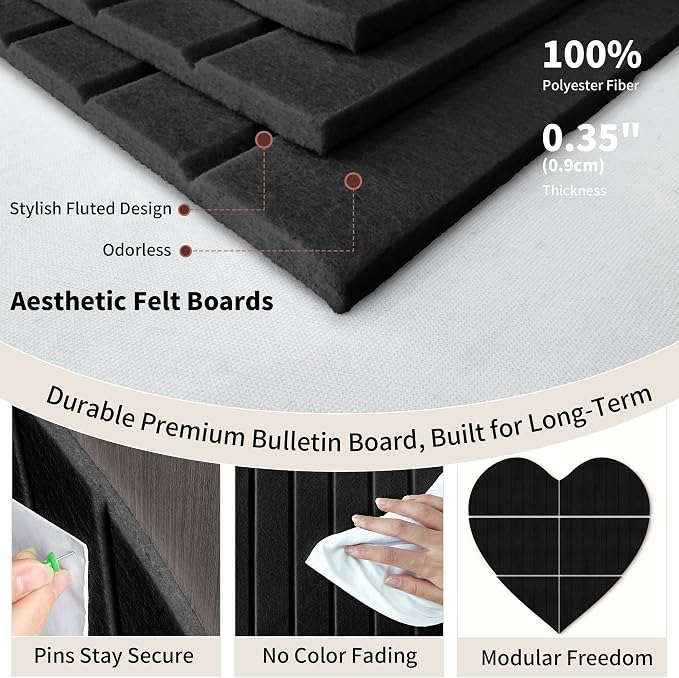 Heart Shaped Felt Bulletin Board 29"x29", 6 Tiles Wall Decor, Black | Photo Display Memo Board for Office Home, Felt Pin Board with Adhesive Tiles and Pins for Notes, Photos and Artwork