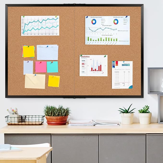 Cork Board Bulletin Board 36 x 48, Black Wood Framed 4x3 Corkboard, Foldable Office Board for Wall Decor, Large Wall Mounted Notice Pin Board with 36 Push Pins for School, Home & Office