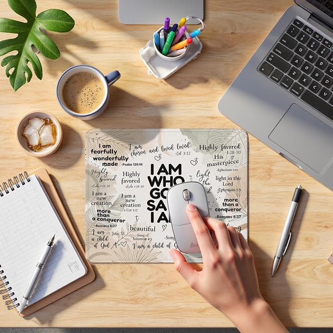 God Says I Am Christian Desk Mouse Pad 9.5x7.9 Inch (Botanical) | Botanical beige God Says I Am Bible verse mousepad for office dorm computers, Christian desk decor and faith gifts for women