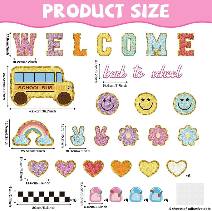 Welcome Back to School Bulletin Board Boho Groovy Preppy Patch Classroom Bulletin Board Decorations Schoolbag Paper Cutouts for Office Chalkboard Decor First Day of School Wall Door Supplies