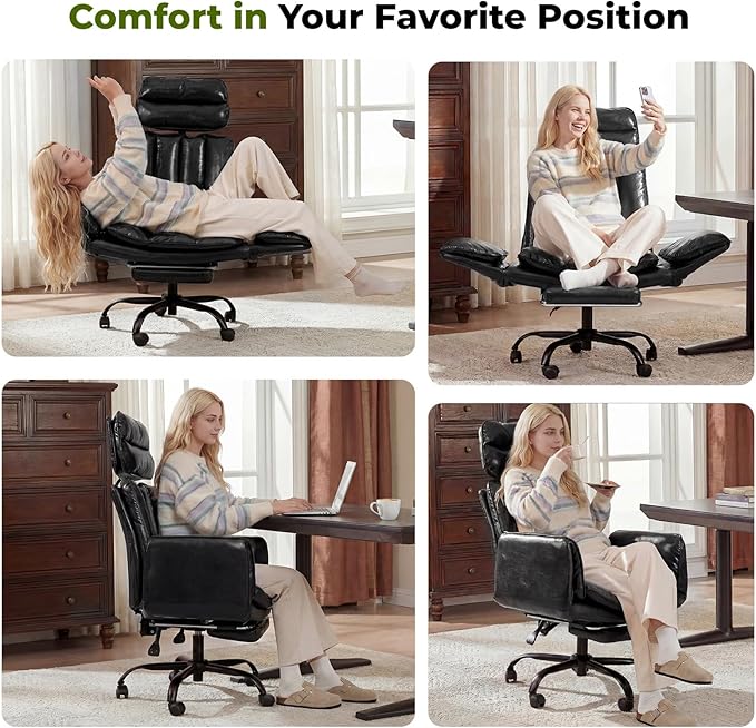 Criss Cross Office Chair with Armrests & Wheels, Comfy Big and Tall Chair, Ergonomic Executive Gaming Computer Chairs with Foot Rest, PU Leather Wide Seat Reclining Desk Chair, Black