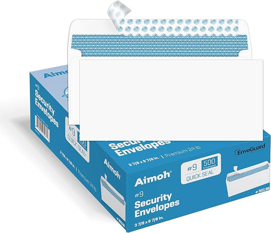 Aimoh #9 Mailing Envelopes Letter Size, Security Self-Seal, 500 Count | Premium security tint, No window, 3-7/8 x 8-7/8 in, White, 24 lb paper, Quick-seal closure, 500 pack (30138)