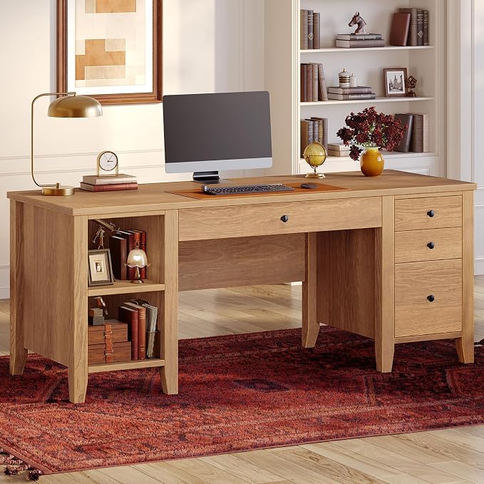 SEDETA Solid Pine Wood Computer Desk, 58'' Executive Home Office Desk with 4 Wood Drawers and Storage Shelves for Work Study Writing,Oak