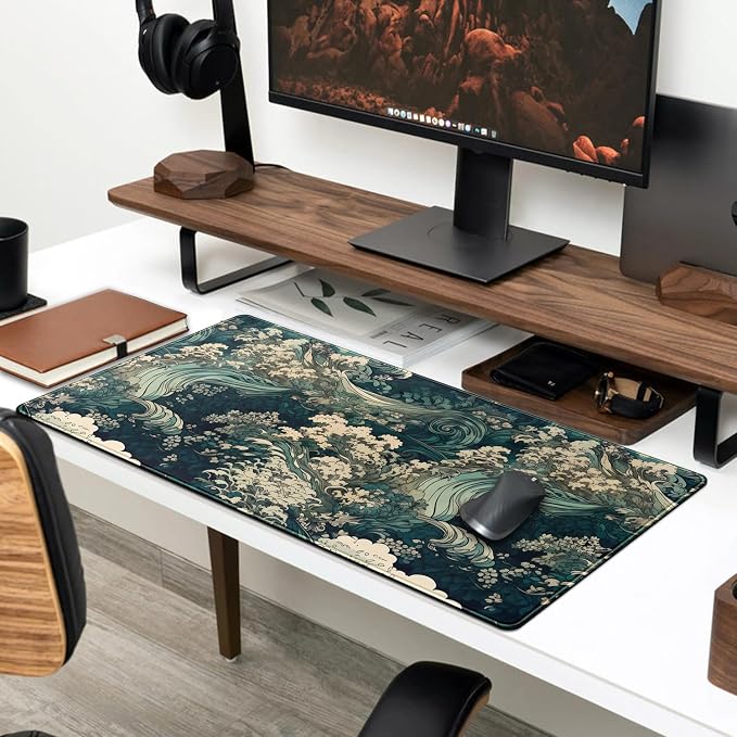 Japanese Large Mouse Pad Gaming Sea Wave Desk Pad Blue Sea Flower Art Aesthetics Desk Pad Non-Slip Rubber Base Mice Pad, 31.5 X 11.8 in for Laptop Computer Mouse Keyboard Mat of Office Desk Decor