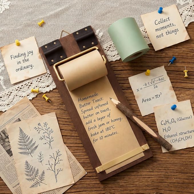 Vintage Wood Clipboard Wall Memo Board, Roller Paper Dispenser & Pen | Includes 2 paper rolls & wooden ballpoint pen, built-in metal cutter. Fits kitchen, café & home office for daily reminders.