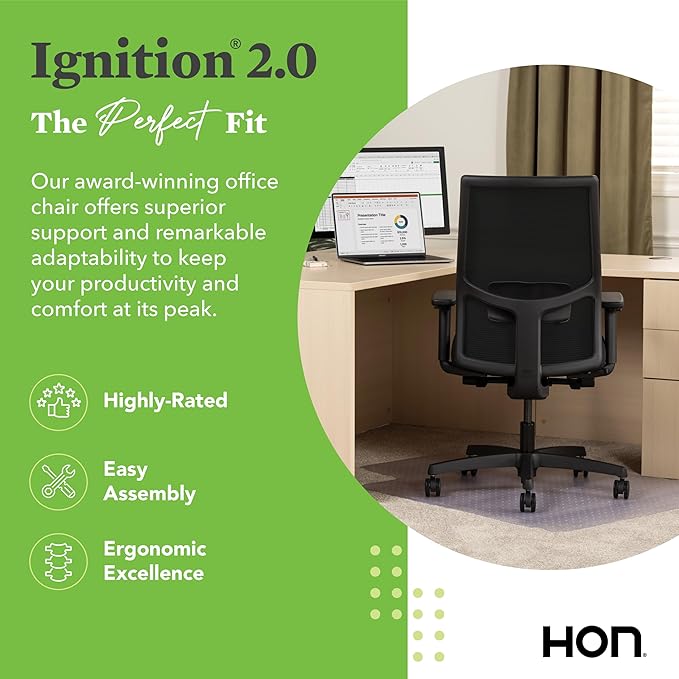 HON Ignition 2.0 Mid Back Task Chair, Spectrum Mesh, Advanced Synchro-Tilt Control, Office Chair with Lumbar Support, Height and Width Adjustable Arms, Black Frame, Onyx