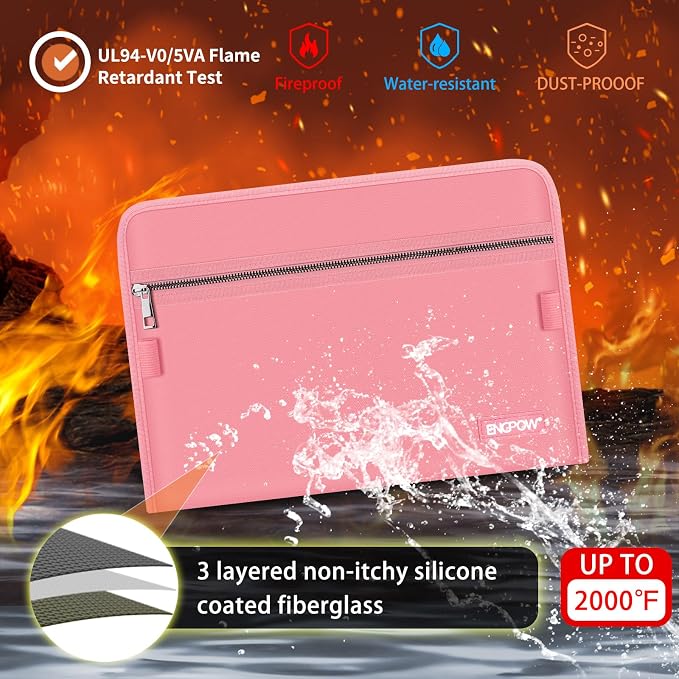 ENGPOW Expanding File Folder,Fireproof 13 Pockets Document Organizer Bag | Accordion File Organizer with Zipper＆Labels,Portable Home Travel Safe Storage for Important Files,Papers,Letter Size,Pink