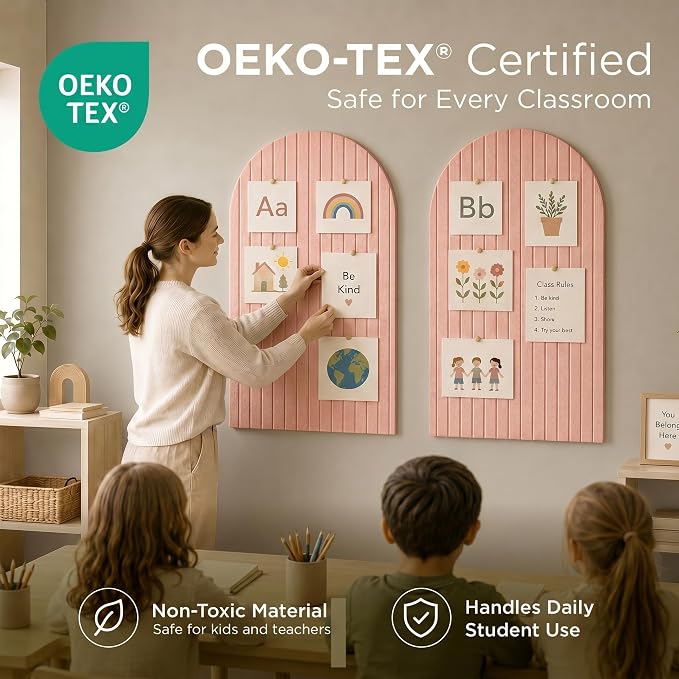 Large Felt Bulletin Board Arched 35" x 24" - Cork Board Alternative for Wall, 6 Felt Tiles with 32 Adhesive Tabs, Stylish Pin Board for Home Office, Bedroom & Classroom (Salmon)
