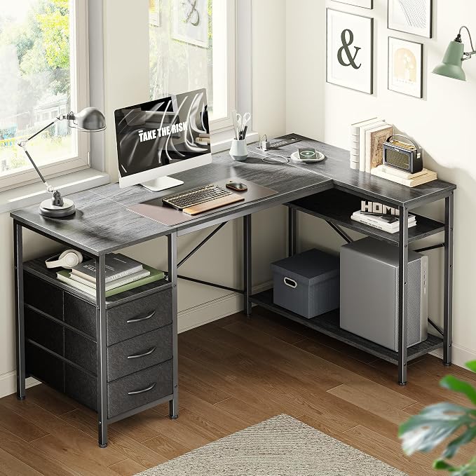 Huuger L Shaped Office Desk with Power Outlets & 3 Drawers | 47 Inch Computer Desk with Shelves, for Gaming, Corner Work, Home Office, Study, Grey
