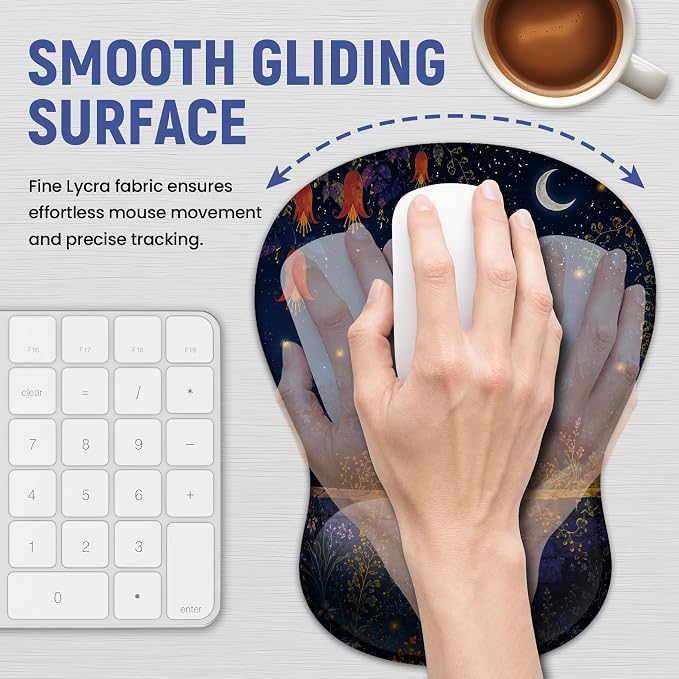 Ergonomic Mouse Pad with Wrist Rest, Gel Wrist Support, Starlit Cat | 10.2 x 7.6 in Mouse Pad with Smooth Fabric Surface and Non-Slip Rubber Base for Office, Home, Study, and Gaming