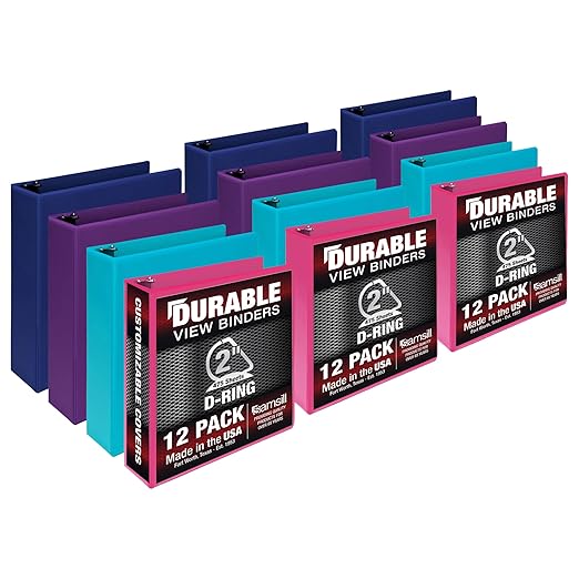 Samsill Durable 2 inch 3 Ring Binder, D Ring Binder, 100% Recycled Chipboard, Fashion Assortment, 12 Pack